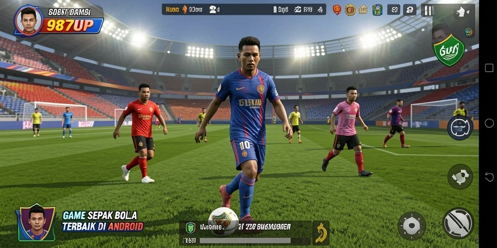 Tampilan gameplay yang mendebarkan dalam 987UP saat pertandingan sepak bola berlangsung.