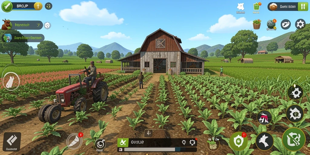Screenshot gameplay BROJP menampilkan ladang yang subur dan produktif.