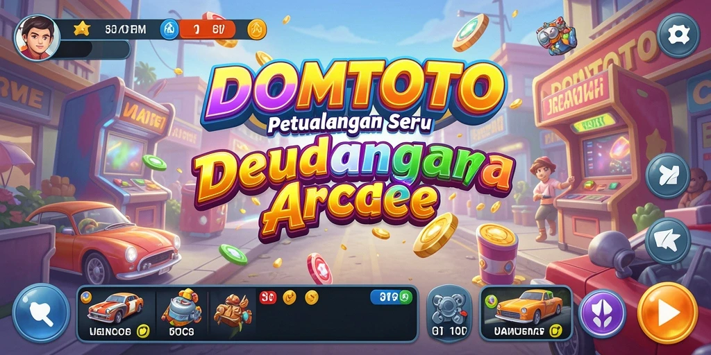 Tangkapan layar utama DOMTOTO menampilkan karakter melambung sambil menghindari rintangan dengan seru.