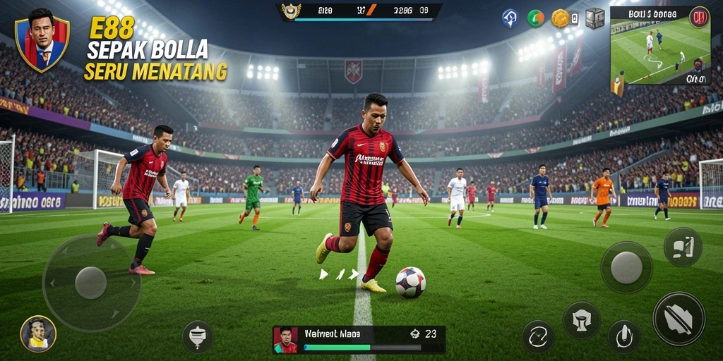 Tampilan gameplay E88 yang menegangkan dengan aksi sepak bola seru.