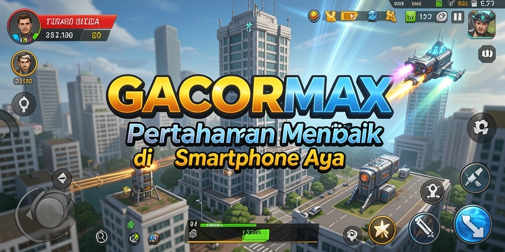 Tangkapan layar gameplay GACORMAX menunjukkan benteng menara melawan serangan musuh.