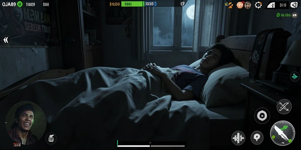 Screenshot gameplay OJA89 yang menampilkan suasana horor yang mencekam.