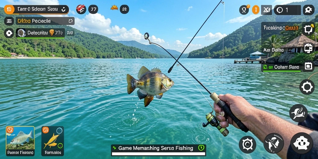 Screenshot gameplay OLX17 yang menampilkan aksi memancing yang mendebarkan.